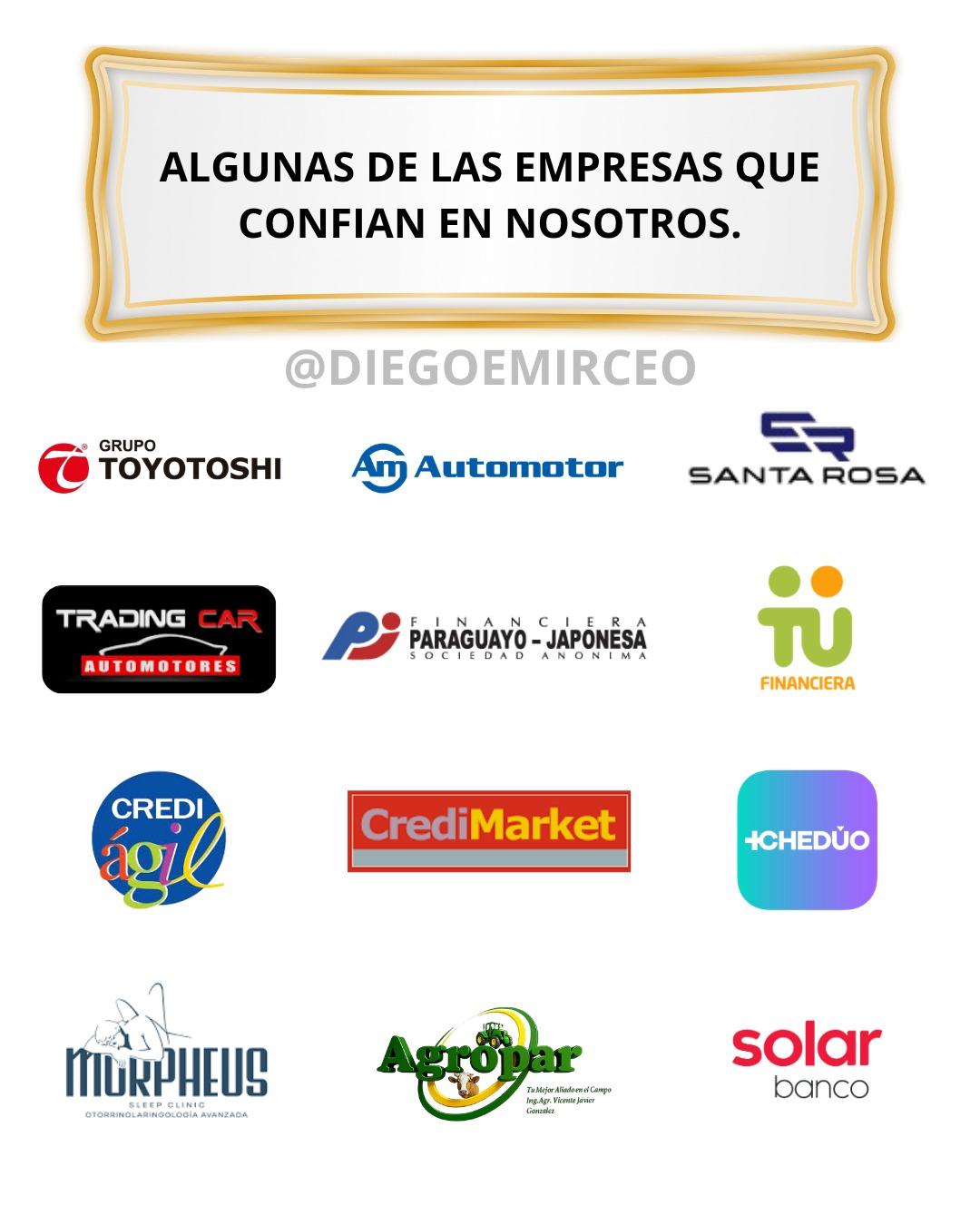 Logos de empresas que confian en Leads Pro Créditos: Grupo Toyotoshi, Automotor, Santa Rosa, Trading Car, Financiera Paraguayo Japonesa, IU Financiera, CrediAgil, CrediMarket, Cheduó, Morpheus, Agropar y Solar Banco